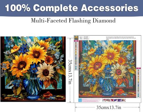 مجموعات الفن زهرة الماس للبالغين، مجموعات الطلاء الماس عباد الشمس للمبتدئين مجموعات الرسم الفن جوهرة، زهرة الزجاج الملون DIY 5D الماس اللوحة ديكور جدار المنزل 14 × 14 بوصة in Kuwait