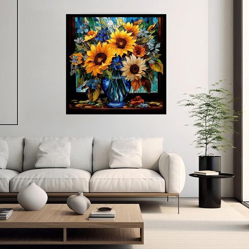 مجموعات الفن زهرة الماس للبالغين، مجموعات الطلاء الماس عباد الشمس للمبتدئين مجموعات الرسم الفن جوهرة، زهرة الزجاج الملون DIY 5D الماس اللوحة ديكور جدار المنزل 14 × 14 بوصة in Kuwait