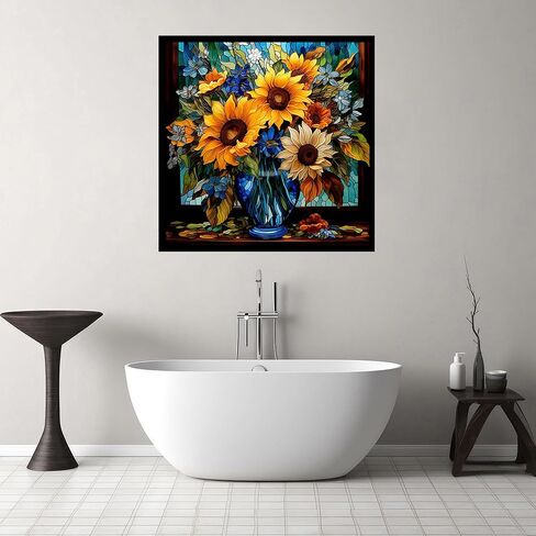 مجموعات الفن زهرة الماس للبالغين، مجموعات الطلاء الماس عباد الشمس للمبتدئين مجموعات الرسم الفن جوهرة، زهرة الزجاج الملون DIY 5D الماس اللوحة ديكور جدار المنزل 14 × 14 بوصة in Kuwait