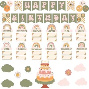 80 Pcs Groovy Birthday Bulletin Board Set, Disco Classroom Happy Birthday Decor Cutouts Groovy Calendar Board for Classroom School Wall Decor(Green Groovy)
