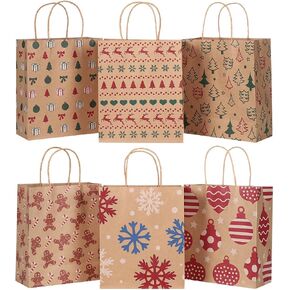 Cabilock 24pcs Christmas paper Christmas Kraft Bags 6 Patterns Xmas Bags Paper Storage Pouch Christmas Paper Bags for Festival Holiday Banquet