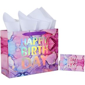 PARNOG 13" Large Happy Birthday Gift Bag with Tissue Paper and Card for Girls Kids Women Birthday
