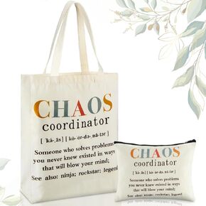 Paterr 2 Pcs Chaos Coordinator Gifts for Women, Appreciation Inspiration Work Gifts, Chaos Coordinator Tote Bag and Chaos Coordinator Makeup Bag for Colleague Assistant Teacher Coworkers Retire Gift