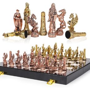Large Vintage Metal Chess Set for Adults and Kids – Marbling Chess Board with Metal Chess Pieces 15" Travel Chess Set with Metal Chessmen – Collectible Elegant Chess Game – Family Vintage Board Game
