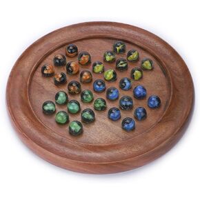 Ajuny Classic Solitaire - Handcrafted Wooden Board Game with 4-Color Marbles, Vintage Indian Design - Ideal for Family Fun & Home Decor