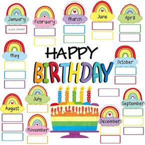 Rainbow Happy Birthday Bulletin Board Rainbow Holiday Birthday Board Sign Let's Celebrate Happy Birthday Rainbow Cloud Accents Cutouts for Calendars Festival Bulletin Boards Wall Classrooms Decor