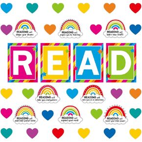 Reading Classroom Decorations Reading Bulletin Board Poster Set Reading Corner Decor Groovy Retro Rainbow Flower Smile Cutouts for Kindergarten Elementary and Middle School Classroom Chalkboard Decor
