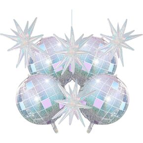 8Pcs Iridescent Disco Ball Balloons Clear Explosion Star Balloons Large 4D Foil Balloon 70s 80s 90s Retro Disco Iridescent Bachelorette Party Birthday Decorations 22 Inch