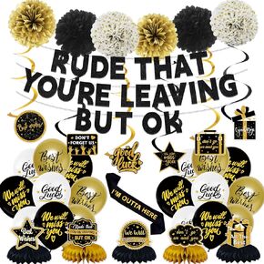 Rude That You're Leaving But OK Banner Farewell Decorations Party Include Banner Hanging Swirls Balloons Honeycomb Centerpieces Sash, Going Away Party Decorations