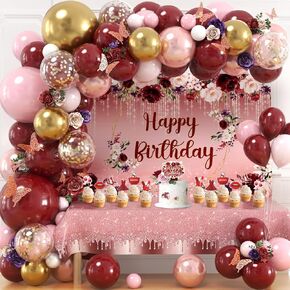 167Pcs Happy Birthday Decorations for Women with Butterfly Sticker Cupcake Toppers, Burgundy Balloon Arch Kit Maroon Rose Gold Balloons Backdrop Tablecloth Floral Burgundy Birthday Party Supplies