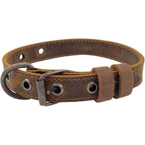 Taco Dog, Rustic Slim Dog Collar Handmade from Full Grain Leather - Soft, Durable, Lightweight, Weather Resistant, Natural Material - Heavy Duty Hardware, 7 Adjustable Holes Stylish - Bourbon Brown