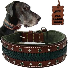 BlazingPaws® Mariner 2 inch Wide Luxury Braided Leather Dog Collar for Large Dogs, Crystal Studded Design with Soft Black Suede Leather Padding (L: Neck Size 15-19", Brown)