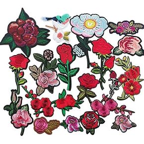 Chenkou Craft 20pcs Random Embroidered Rose Flower Assorted Iron-on or Sew-on Embroidered Patch Motif Applique (Flower/20pcs)