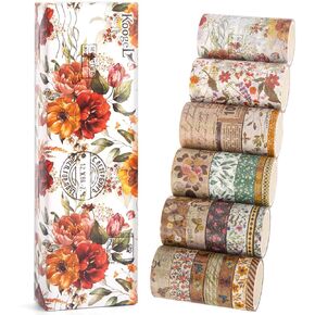 Koogel 32 Rolls Multi-Size Vintage Washi Tape Gift Set Aesthetic Decorative Tapes with Strong Stickiness for Journaling DIY Crafts Scrapbooking Supplies, Gift Packaging