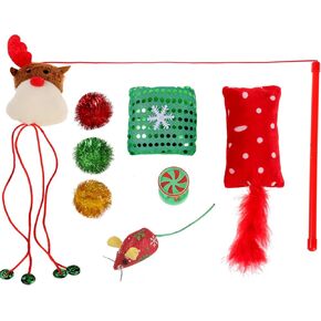 PICKUPIK Christmas Cat Toys Set - Cat Interactive Toys, Cute Bag, Plastic Wheel Toy with Bell, Sparkle Balls, Plush Catnip Mice
