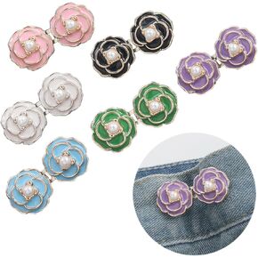 6 Sets Camellia Pant Waist Tightener, No Sewing Adjustable Flower Buttons Pins Buckles,Detachable Pants Clips Buckle for Skirts,Jeans