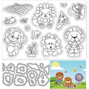 ORIGACH Flower Critters Stamps and Die Cuts for Card Making with Cutest Squirrel Elephant Lion Bear for DIY Crafting Scrapbooking Photo Album Journaling Decoration
