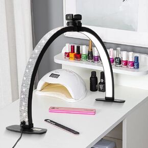 Half Moon Light for Nail Desk with Phone Holder, 28IN Folding Half-moon Lamp with Shinning Diamond, LED Light for Manicure, Eyelash Extension, Tattooing, Skin Management, Color Temperature 3000-6500K