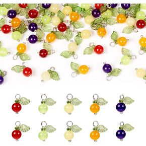 Beadthoven 50pcs Crystal Fruit Charms Natural Gemstone Pendants Mixed Color Orange Charms With Acrylic Leaf Dangle Charms Beads for Jewelry Making Necklaces Earrings Bracelets DIY Crafts Supplies