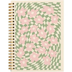 Retro 70s Groovy Pink Flower Sage Green Distorted Checkered Lined Hardcover College Ruled Spiral Notebook Journal for Work Notes Journaling 5.5×8.3 Inch,Gifts for Flower Lovers Women Teen Girls