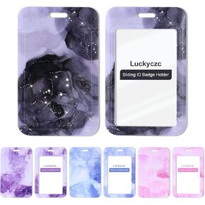 Hard Vertical ID Badge Holder, Autism Badge Sleeves ，Sliding Hard id Badge Cover Protector for Office School Nurse Credit Cards Proximity Key Passes (Purple Marble, 2 Pcs)