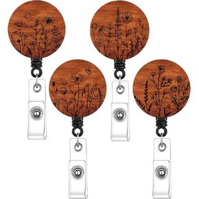 4 Pcs Flower Badge Reel Nurses Wooden Cute Wildflower Handmade Retractable Holder ID Badge Reel Name Clip Tag for Nurses Hospital Teacher Lanyards Accessories
