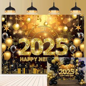 2025 Happy New Year Banner Backdrop 7x5FT Black and Gold Fireworks New Years Eve Photography Background for NYE Decorations 2025 New Years Eve Party Supplies NYE Party Favor