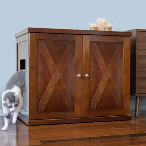 THE REFINED FELINE Cat Litter Box Enclosure Cabinet, Farmhouse, Mahogany Brown, Adjustable Levelers, Large, Hidden Litter Cat Furniture with Drawer