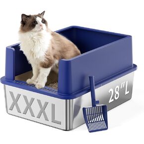 Extra Large 28" x 20" Litter Box for Big Cats Maine Ragdoll Metal Large Enclosed Stainless Steel Litterbox with Lid Litter Scoop Gray