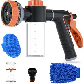 Pup Dog Wash Garden Hose Nozzle with Soap Dispenser for Car Washing, 10 Sprayer Pattern Dog Washing Hose Attachment Outdoor Use Dog Shower Attachment with Dog Brush for Pet Shower