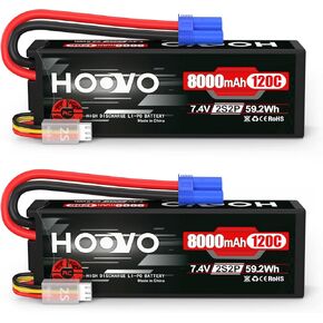 HOOVO 2S Lipo Battery 7.4V 8000mAh 120C RC Car Battery Hard Case EC5 Plug Compatible for 1/8 1/10 Scale RC Vehicles, Cars, Trucks, Buggies, Drones, Boats, RC Models 2 Pack