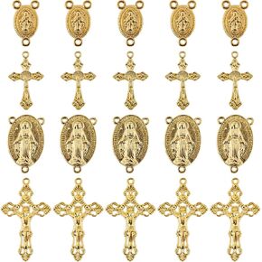 SUNNYCLUE 1 Box 40Pcs 4 Styles Gold Rosary Charm Rosary Cross Charms Easter Crucifix Oval Chandelier Links Findings Holiday Connector Charm for Jewelry Making Charms Supplies DIY Necklaces Crafts