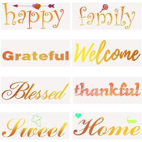 8PCS Reusable Words Painting Stencils for Wood, Welcome Farmhouse Stencil Holiday Templates Sweet/Family/Grateful/Happy/Blessed Stencil for DIY Crafts, Wood Wall Home Decor
