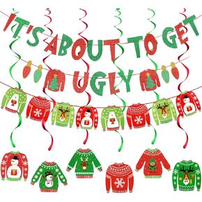 Red Green Its about to Get Ugly Banner and Ugly Sweater Garland Ugly Christmas Sweater Party Banner for Ugly Sweater Party Decorations, Ugly Christmas Sweater Party Supplies