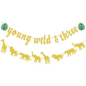 Tropical 3rd Birthday Party Decorations, Young Wild and Three Banner, Jungle Wild Animal Happy Birthday Banner for 3rd Birthday Party Baby Shower Party Decorations