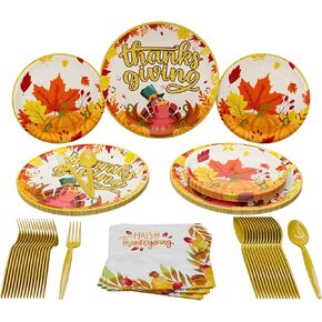 Thanksgiving Party Standard Pack (100 pieces for 16 guests) - Thanksgiving Party Supplies, Thanksgiving Party Decorations, Fall Theme Party, Turkey Party Plates and Napkins, Blue Orchards