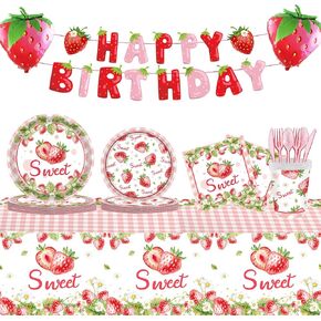 DELICAT 143 PCS Strawberry Party Decorations, Strawberry Birthday Supplies with Paper Plates Napkins Cups Disposable Tablecloth Sweet One Decor Tableware Set for Berry First Party Girl 20 Guests