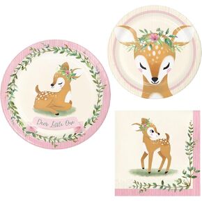 Party Creations Pink Woodland Animal Party Supplies for 8 People | Paper Plates and Napkins For A Pink Baby Shower or 1st Birthday Party | Little Deer Fawn Tableware Decor in a Boho Style