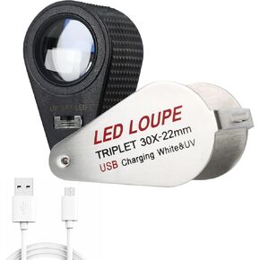 30X Illuminated Jewelers Loupe Magnifier Foldable Jewelry Magnifier 6 Bright LED and UV Light 22mm Optical Glass Lens for Gems, Jewelry, Coins, Stamps, etc