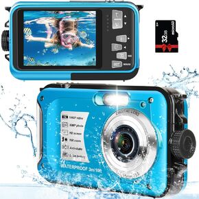 Underwater Camera with 32GB Card Waterproof Digital Camera for Kids 10FT 30MP FHD 1080P Compact Portable 16X Digital Zoom Waterproof Camera
