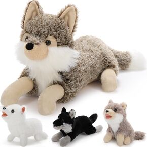 4Pcs Wolf Stuffed Animals Set, Grey Mommy Wolf Plush 20 Inch with 3 Baby Wolves, Realistic Wolf Toys for Wolf Lover Party Favors, Gifts for Boys Girls Birthday