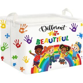 Clastyle 36L Large Rainbow Storage Basket for Shelves Collapsible Graffiti Handprints Kids Toy Basket with Handle Rectangle Book Clothes Cube Storage for Nursery Room