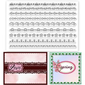 Flower Lines Rubber Stamps 6.3x4.3 Lace Borders Clear Stamp Geometric Writing Line Silicone Stamps Heart Floral Lines Transparent Stamps Seal for DIY Scrapbooking Album Journal Decor