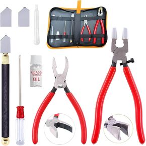 Glass Cutting Tool Set Kit, Glass Nipper Glass Running Plier Breaking Plier Oil Feed Glass Cutter Set with Leather Zipper Bag for Stained Glass, Tiles, Mosaic, Mirrors,Bottle, Fusing, Breaking (A KIT)