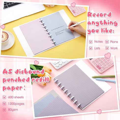PerKoop 12 Pack 600 Sheets Half-letter Size Discbound Lined Planner Refill 5.5'' x 8.5'' College Ruled Size A5 8 Disc Notebooks 12 Colors Disc Notebooks Refill for Refill Journaling (Candy Color) in Saudi Arabia