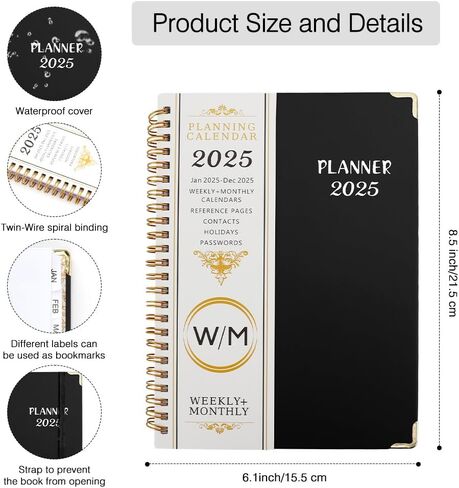 2025 Planner, Planner 2025, 2025 Planner Weekly and Monthly, 2025 Calendar Monthly Planner with Printed Tabs Jan 2025 - Dec 2025, Flexible Cover Twin-Wire Binding Daily Organizer, 8.5 X 6.1 Inch Black in Saudi Arabia