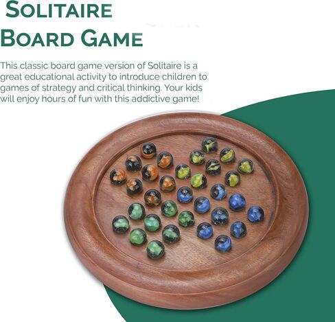 Ajuny Classic Solitaire - لعبة لوحية خشبية مصنوعة يدويًا مع رخام بأربعة ألوان، تصميم هندي عتيق - مثالية لمتعة العائلة وديكور المنزل in Kuwait
