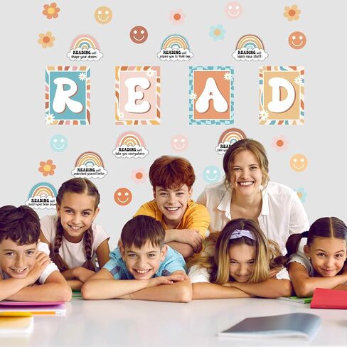 قراءة ديكورات الفصول الدراسية قراءة لوحة الإعلانات مجموعة الملصقات ديكور ركن القراءة رائع ريترو قوس قزح زهرة ابتسامة القواطع لرياض الأطفال الابتدائية والمدرسة المتوسطة الفصول الدراسية ديكور السبورة in Saudi Arabia
