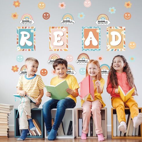 قراءة ديكورات الفصول الدراسية قراءة لوحة الإعلانات مجموعة الملصقات ديكور ركن القراءة رائع ريترو قوس قزح زهرة ابتسامة القواطع لرياض الأطفال الابتدائية والمدرسة المتوسطة الفصول الدراسية ديكور السبورة in Saudi Arabia