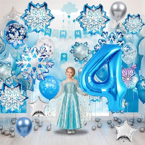 40IN 4 Balloon Numbers, 4 Balloon Snow Birthday Party Decorations, Snowflake Balloons, Silver and Blue Balloons, 4th Birthday Decorations for Girl Teen in Saudi Arabia